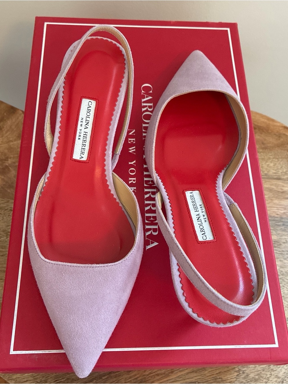 Carolina Herrera Lilac Suede Pointed Slingback Flats with Red Insole